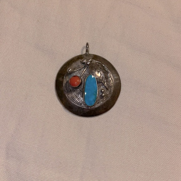Vintage Navajo Roy Vandever Turquoise Coral Sterling Silver Pendant - Picture 1 of 8